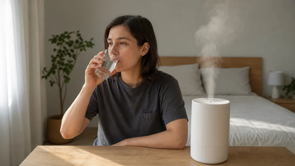 Une personne boit un verre d’eau près d’un humidificateur diffusant une fine brume dans une chambre lumineuse.