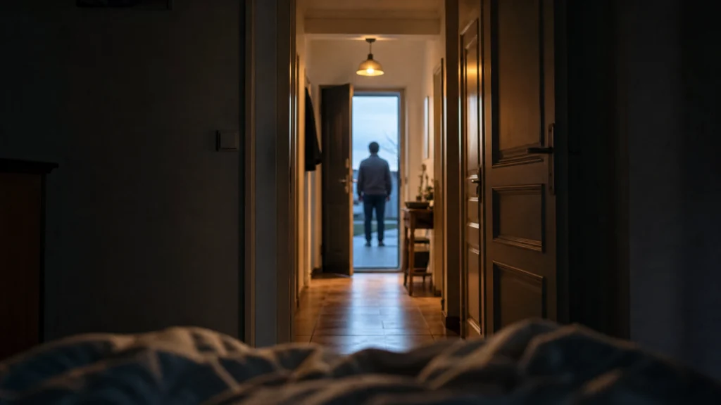 Silhouette d’un inconnu devant une porte entrouverte, vue depuis une chambre
