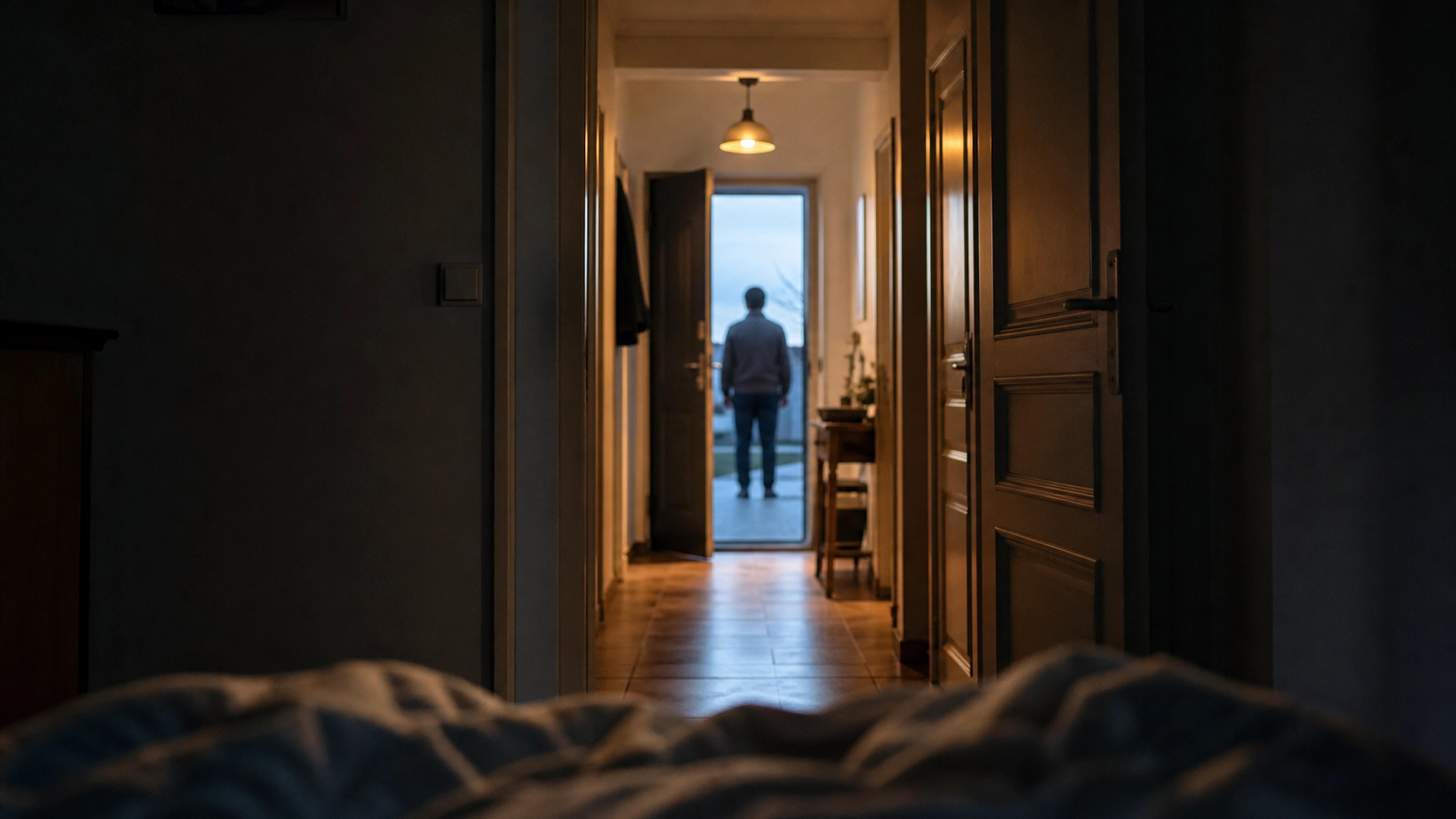 Silhouette d’un inconnu devant une porte entrouverte, vue depuis une chambre