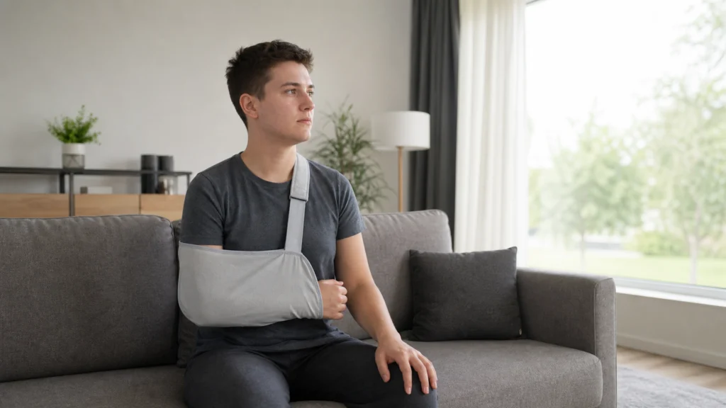 Adulte assis près d'une fenêtre, le bras soutenu par une écharpe pendant sa convalescence