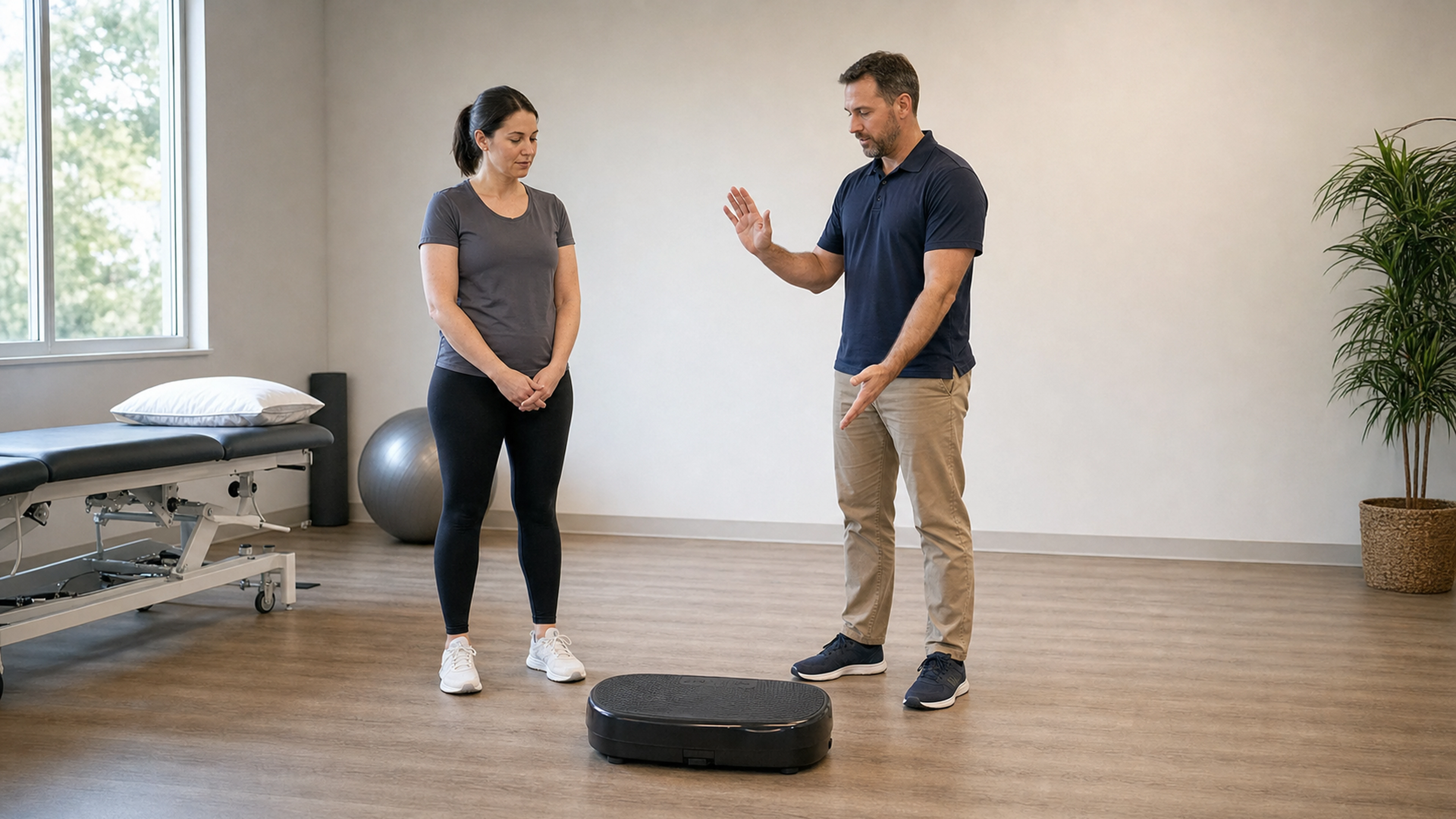 Un professionnel de santé échange avec une femme devant une plateforme vibrante éteinte.