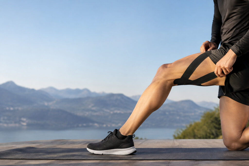 Un athlète pose une bande de strapping noir sur sa cuisse, avec un paysage de montagne en arrière-plan.