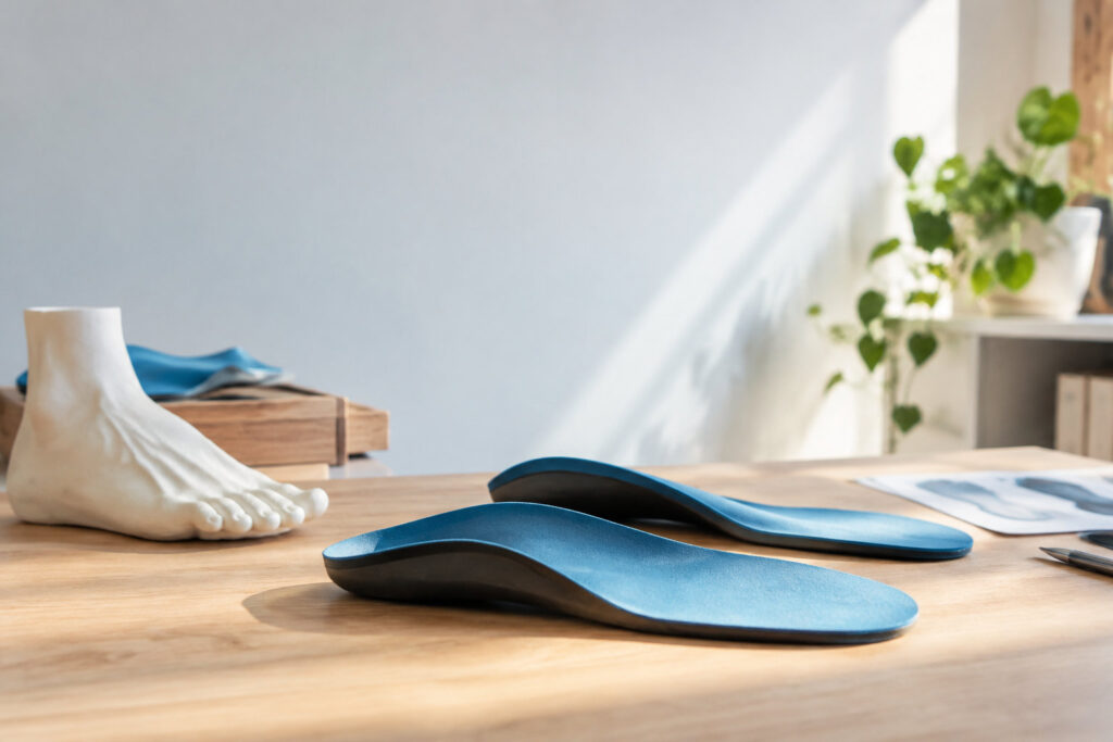 Paire de semelles orthopédiques bleues posées sur une table de bureau près d'un moulage de pied en plâtre.