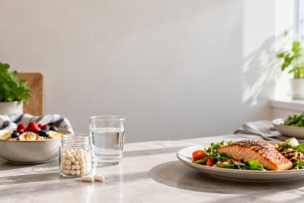 Un pot de gélules de probiotiques posé sur une table à côté d'un plat de saumon et d'un bol de fruits.