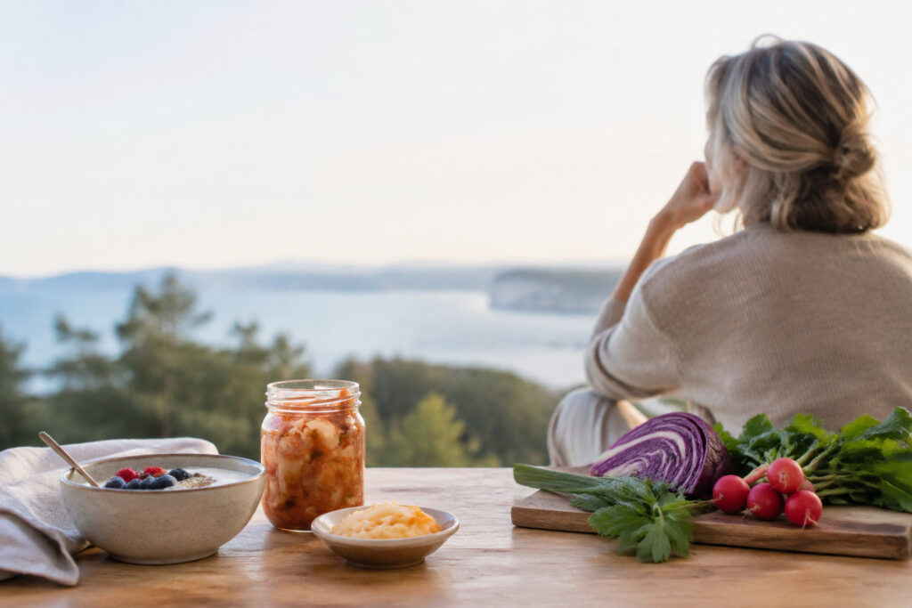 Une femme regarde l'océan devant une table garnie d'aliments fermentés, de légumes frais et d'un bol de yaourt.