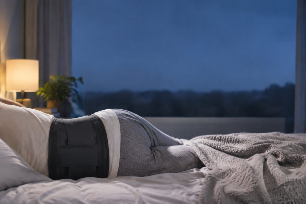 Une personne allongée sur le côté dans un lit, portant une ceinture lombaire de soutien sous son t-shirt la nuit.