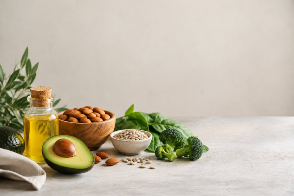 Sélection d'aliments riches en vitamine E : avocat, huile, amandes, graines, brocoli et épinards sur une table.