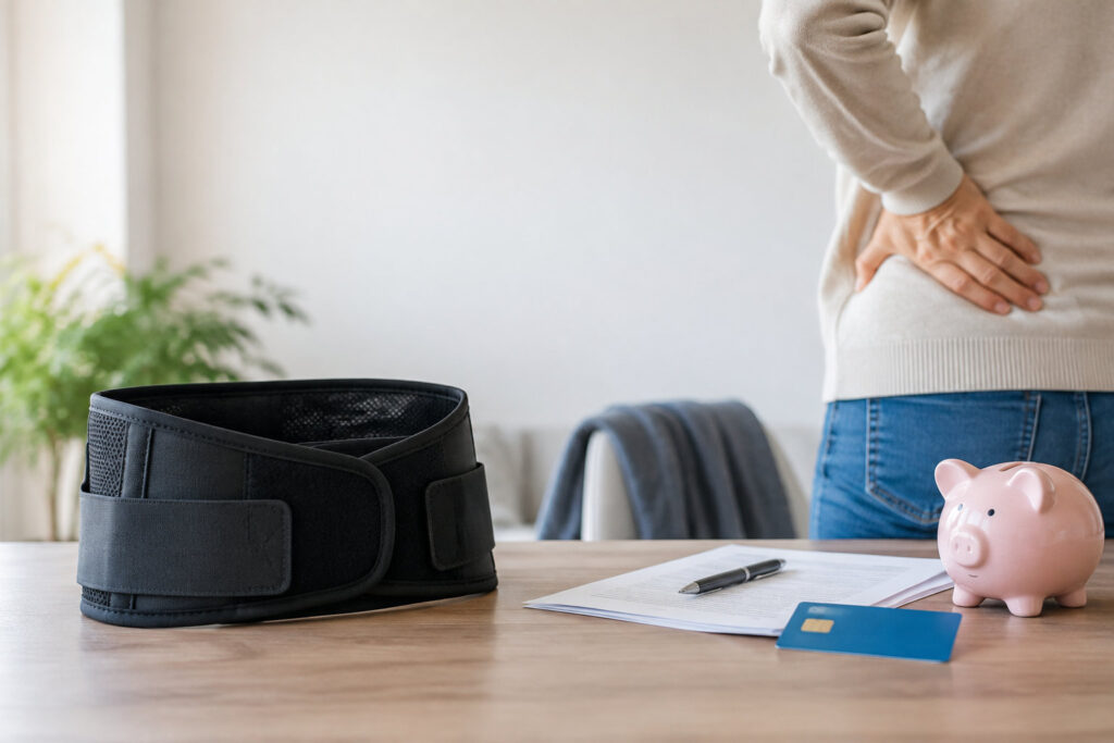 Une ceinture lombaire, une tirelire, des papiers et une carte bancaire sur une table avec une personne souffrant du dos.