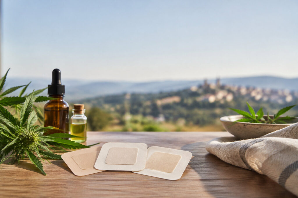 Patchs CBD sur une table en bois avec flacons d'huile et feuilles de chanvre, vue sur un paysage de collines.