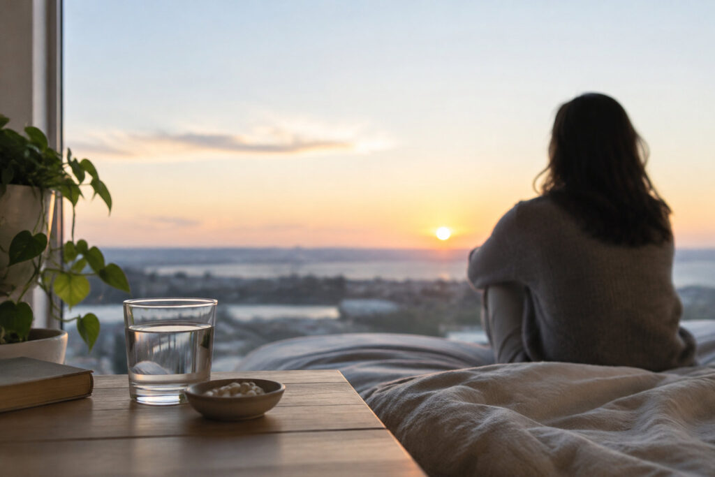 Une femme regarde le coucher de soleil près d'un verre d'eau et de suppléments posés sur une table.