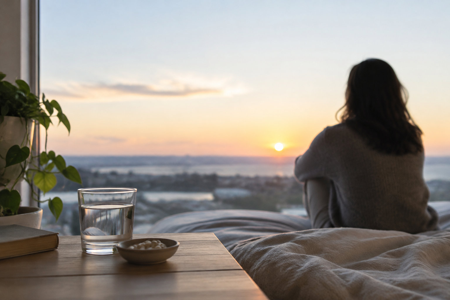 Une femme regarde le coucher de soleil près d'un verre d'eau et de suppléments posés sur une table.