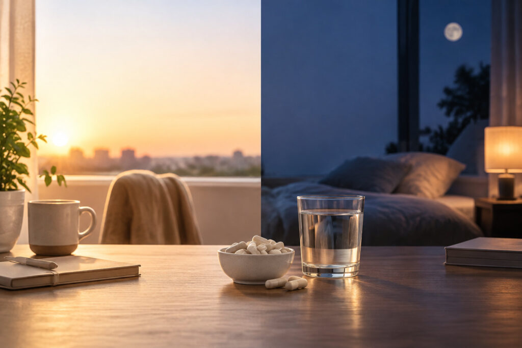 Un bol de pilules de magnésium et un verre d'eau sur une table, séparés par un fond jour et nuit.