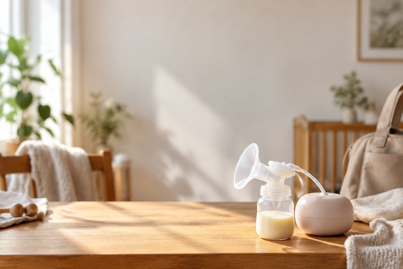 Un tire-lait électrique portable et compact posé sur une table en bois dans une chambre lumineuse et chaleureuse.