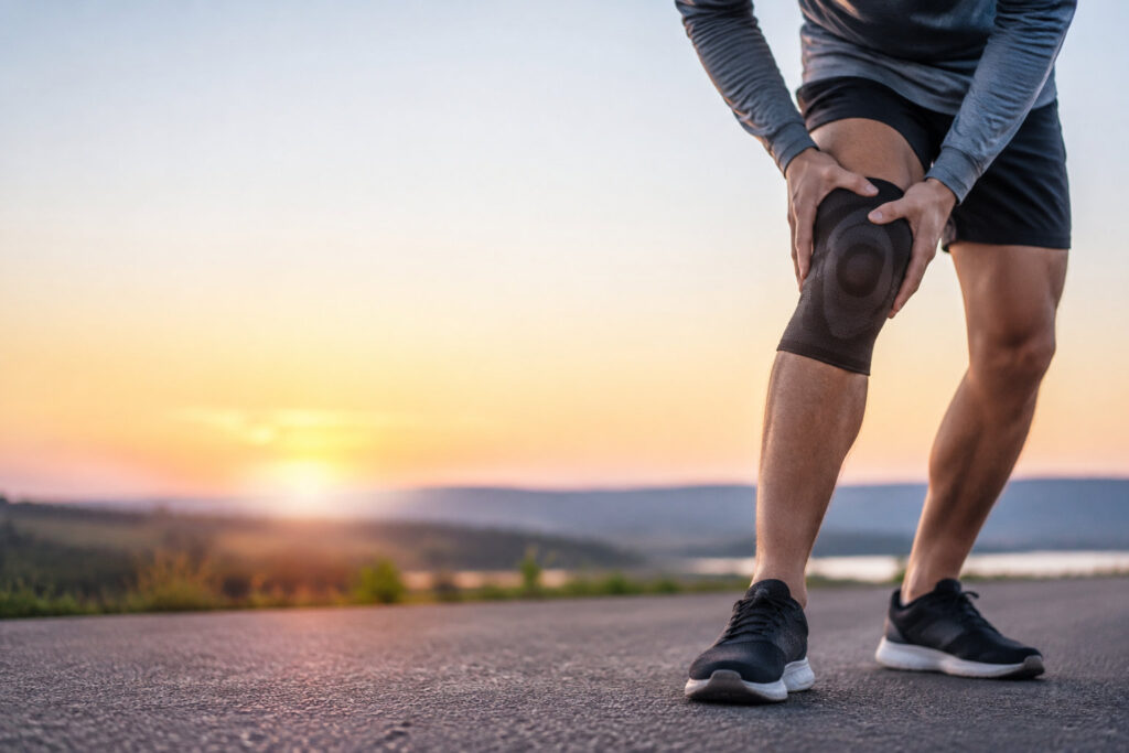 Un coureur en tenue de sport se tient sur une route au coucher du soleil, tenant son genou portant une genouillère.