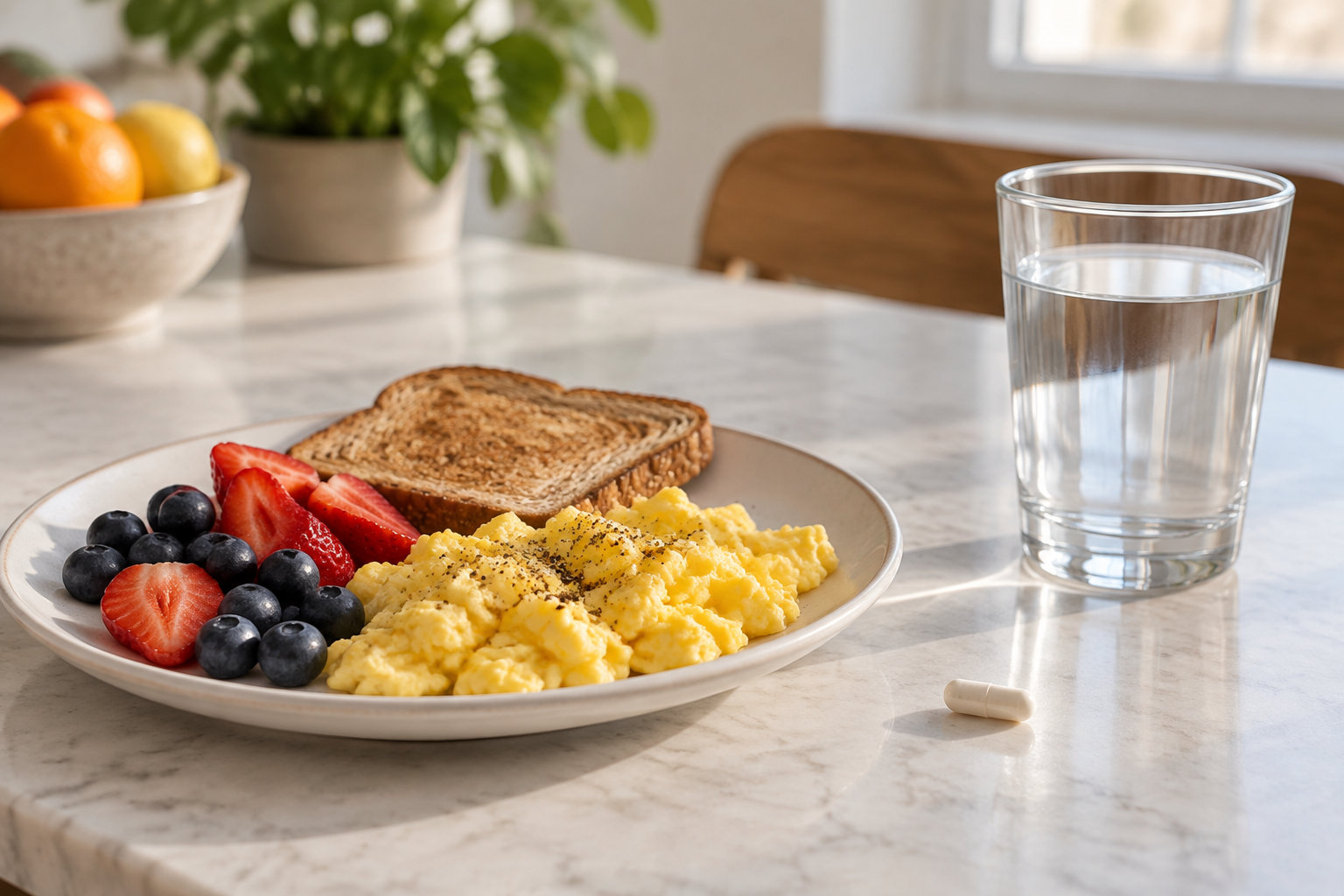 Une assiette de petit-déjeuner avec des œufs brouillés, des fraises, des myrtilles et deux tranches de pain grillé est posée à côté d’un verre d’eau et d’une gélule blanche.