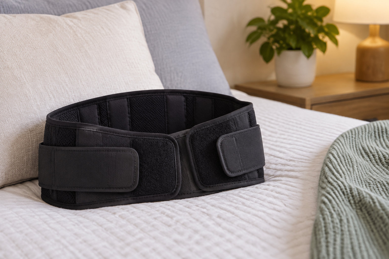 Une ceinture de maintien noire à fermeture autoagrippante est posée sur un lit, près d’une couverture et d’une table de chevet avec une plante et une lampe.