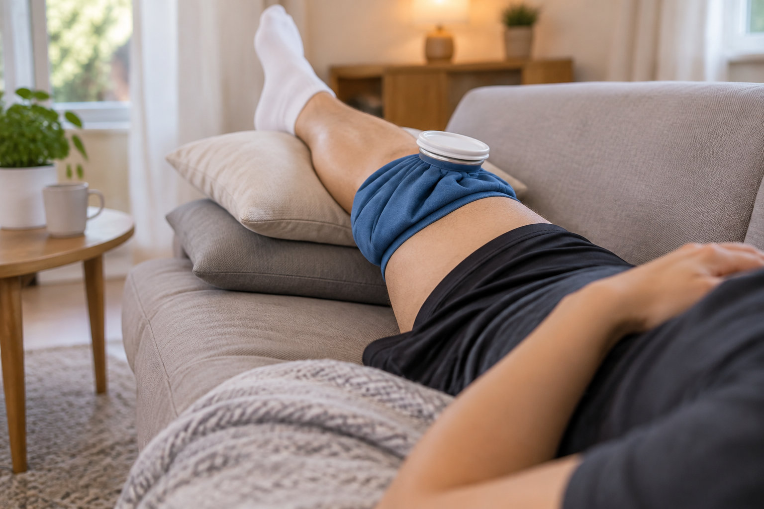 Une personne allongée sur un canapé se repose, une poche de glace enveloppée dans un tissu bleu posée sur sa jambe.