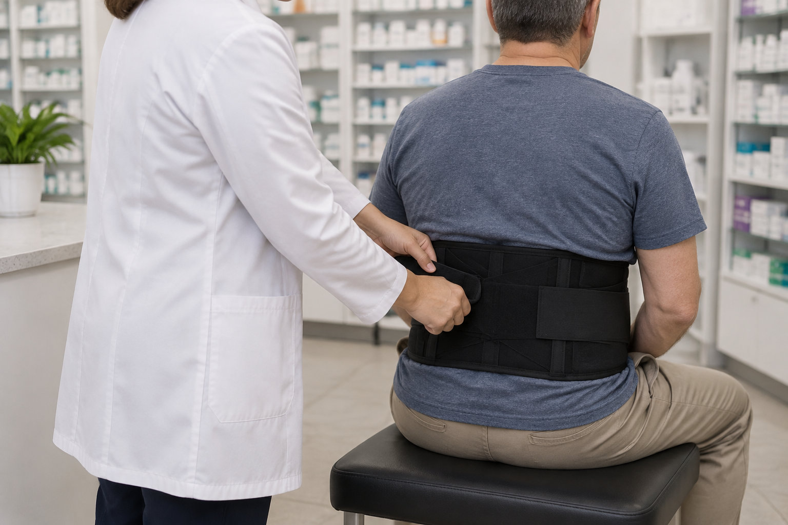 Une pharmacienne ajuste une ceinture lombaire noire autour de la taille d’un homme assis, dans une pharmacie.
