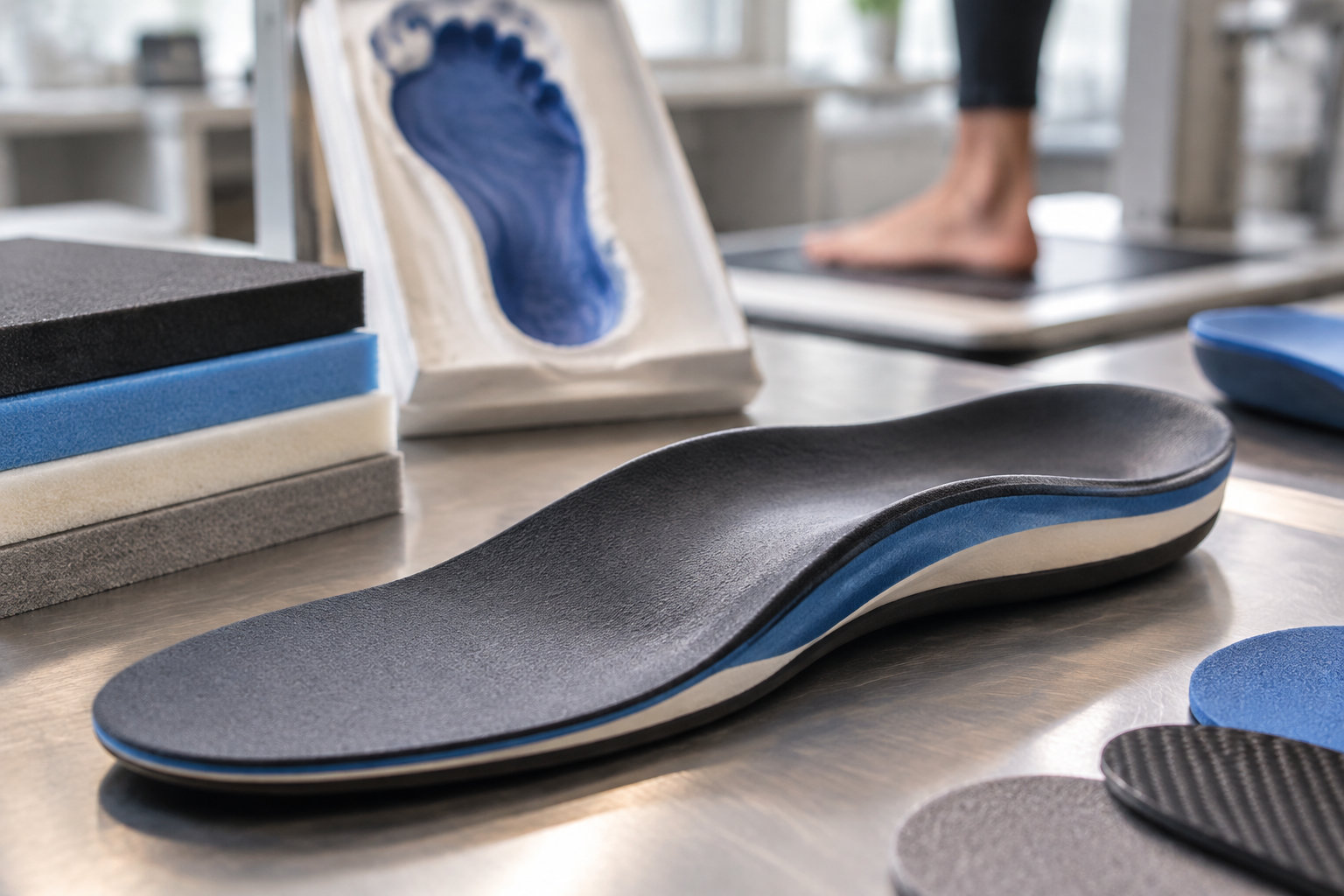 Une semelle orthopédique multicouche est posée sur une table, avec des plaques de matériau et un pied sur une plateforme en arrière-plan.