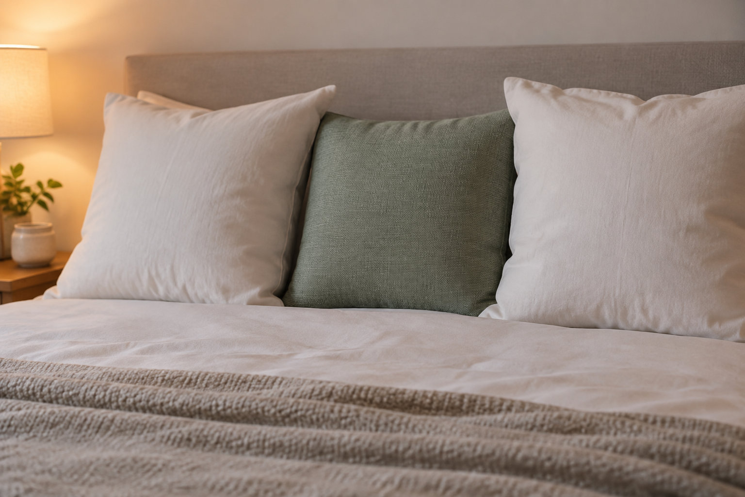 Un lit recouvert d’une couette claire est garni de deux grands oreillers blancs et d’un coussin vert, près d’une lampe et d’une plante.