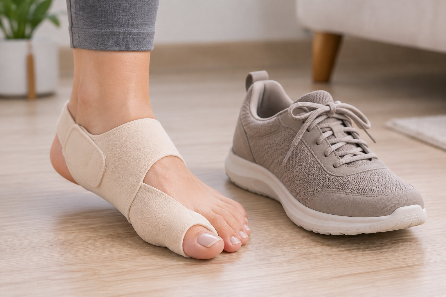Un pied portant une orthèse beige est posé près d’une chaussure de sport grise sur un parquet.