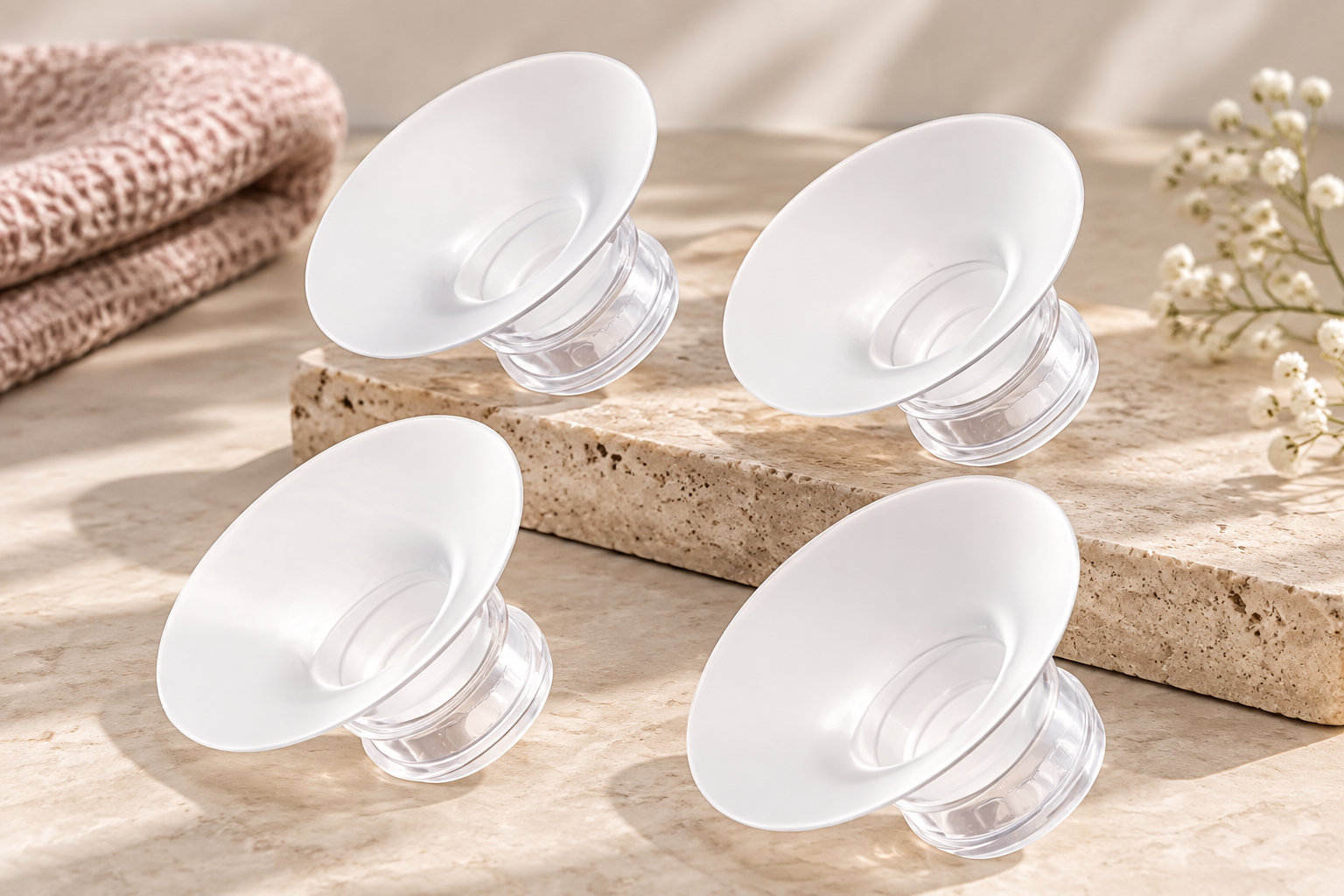 Quatre coupelles blanches à embout transparent sont disposées sur une surface en pierre, près d’un tissu tricoté et de petites fleurs blanches.