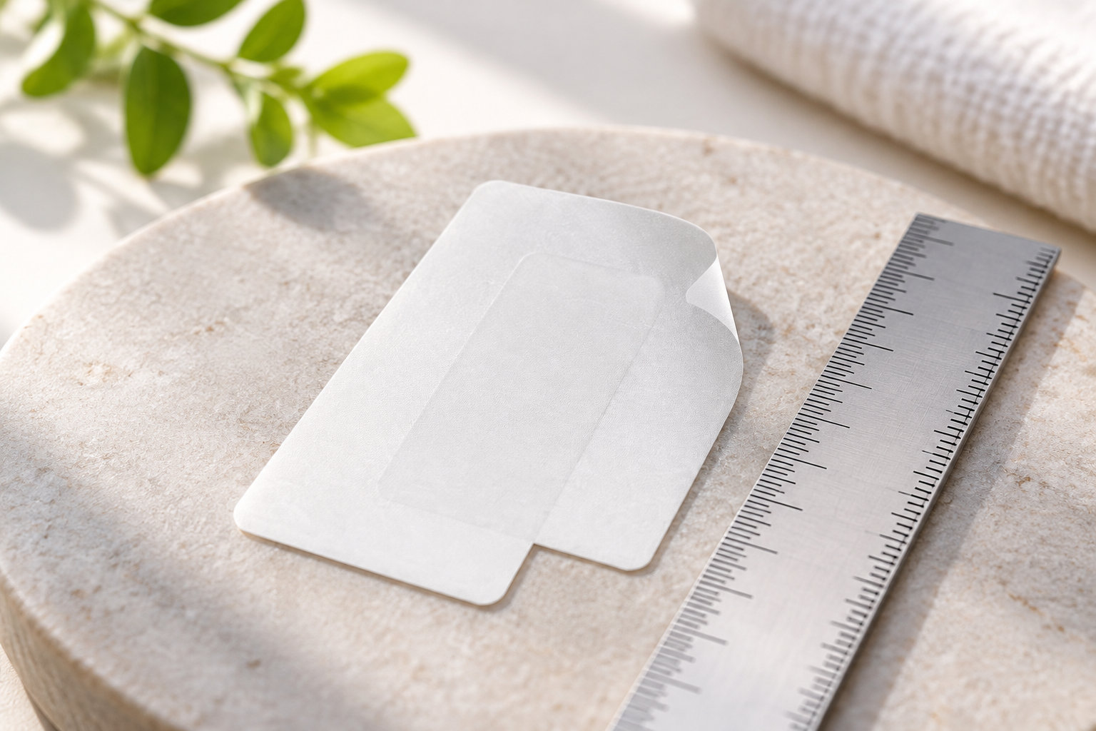 Une compresse blanche à dos adhésif est posée à côté d’une règle sur une surface en pierre claire, avec des feuilles vertes en arrière-plan.