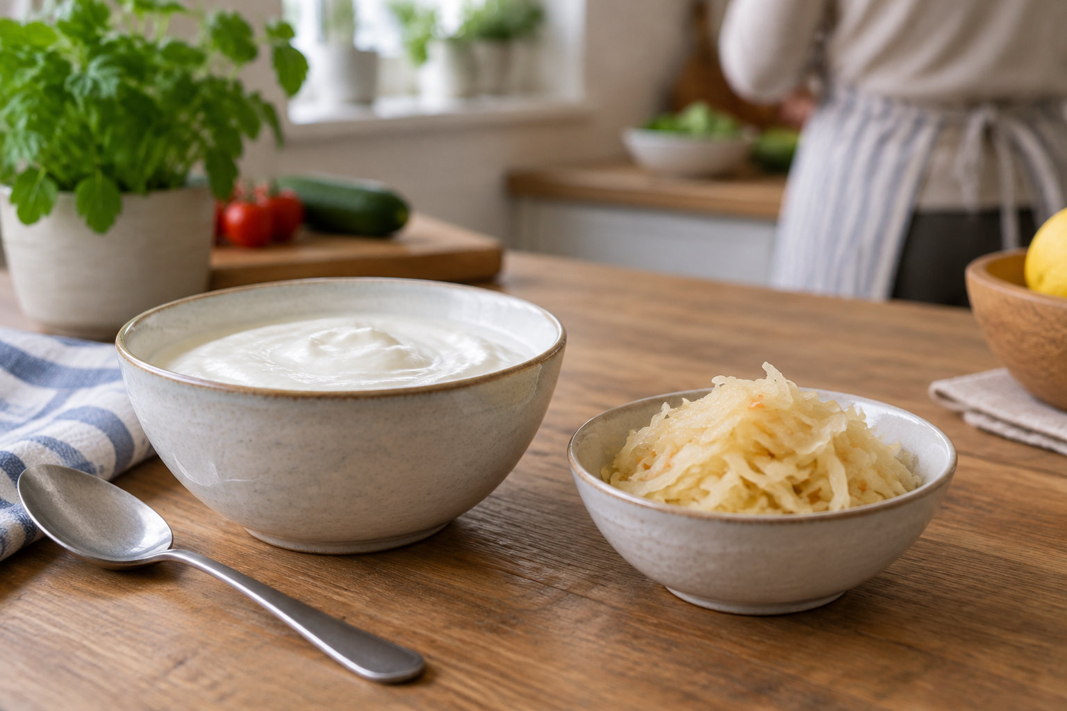 Deux bols contenant une préparation blanche crémeuse et du chou râpé sont posés sur une table en bois, avec une cuillère et des légumes en arrière-plan.