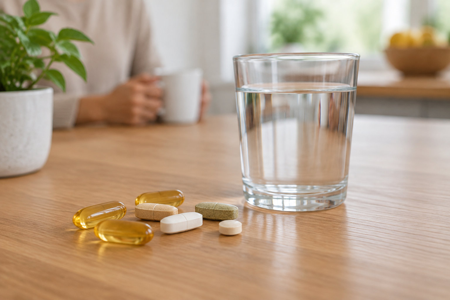 Plusieurs gélules et comprimés sont posés sur une table en bois, près d’un verre d’eau et d’une plante en pot.