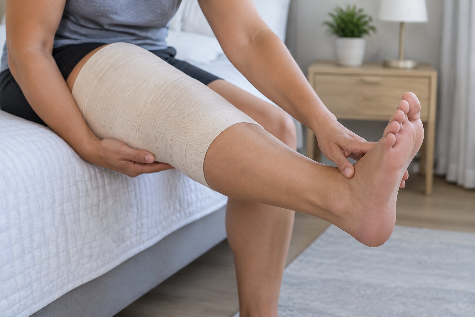 Une personne assise au bord d’un lit touche sa jambe enveloppée d’un bandage.