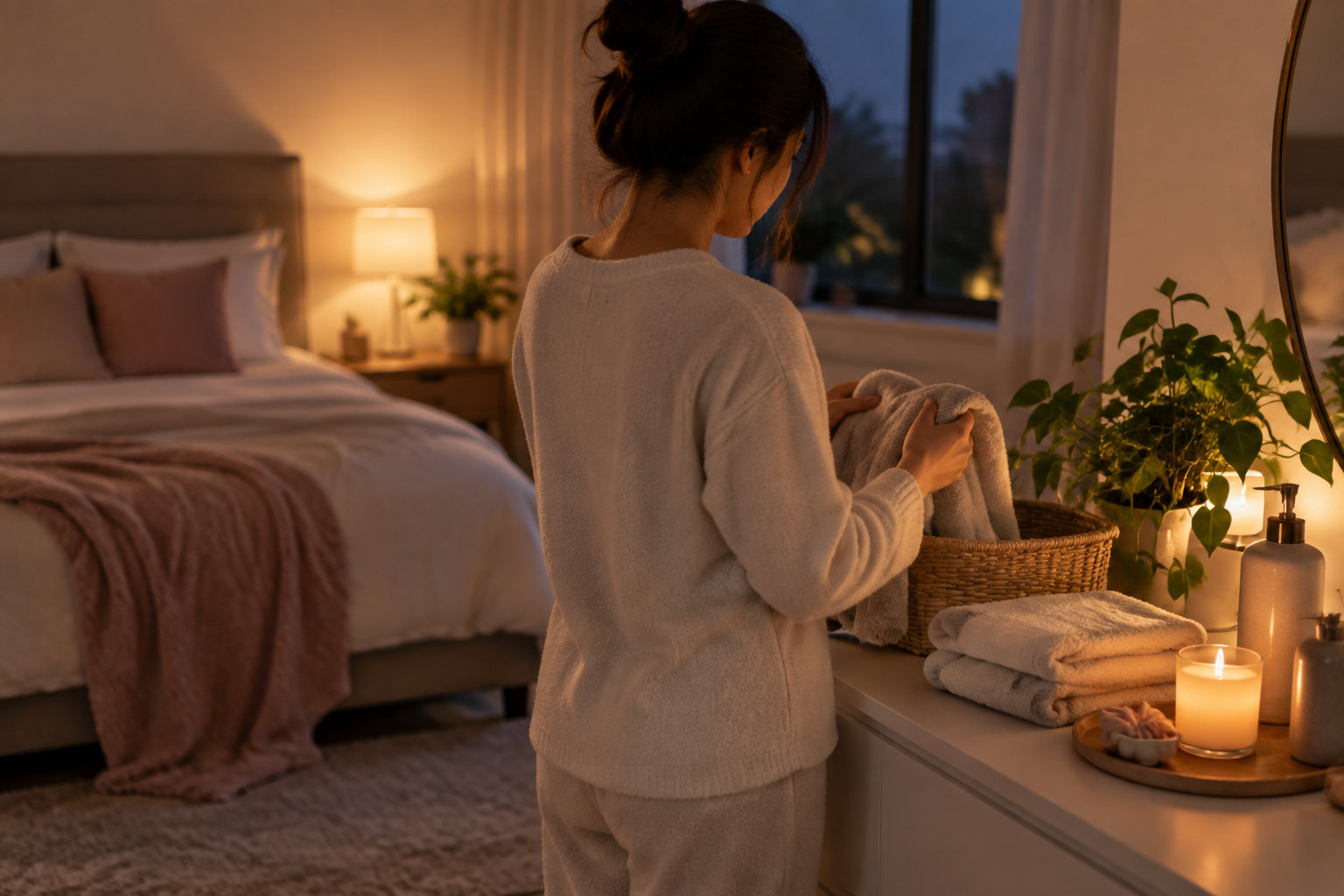 Une femme en tenue claire range des serviettes dans un panier, dans une chambre éclairée par des lampes et des bougies.