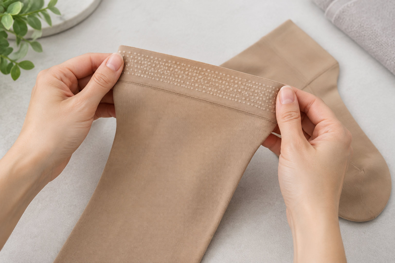 Deux mains tiennent une chaussette de compression beige au-dessus d’une surface claire, avec une plante en pot dans le coin supérieur gauche.