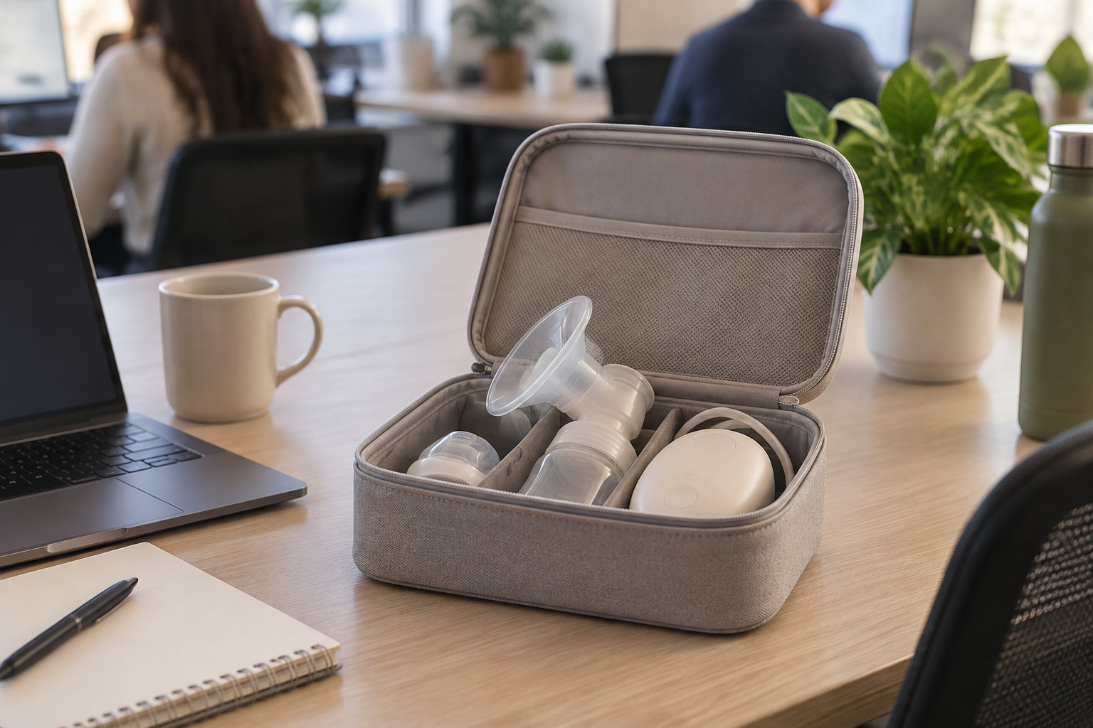 Un sac de tire-lait et ses accessoires sont rangés dans une trousse ouverte, posée sur une table avec un ordinateur portable, une tasse et un carnet.
