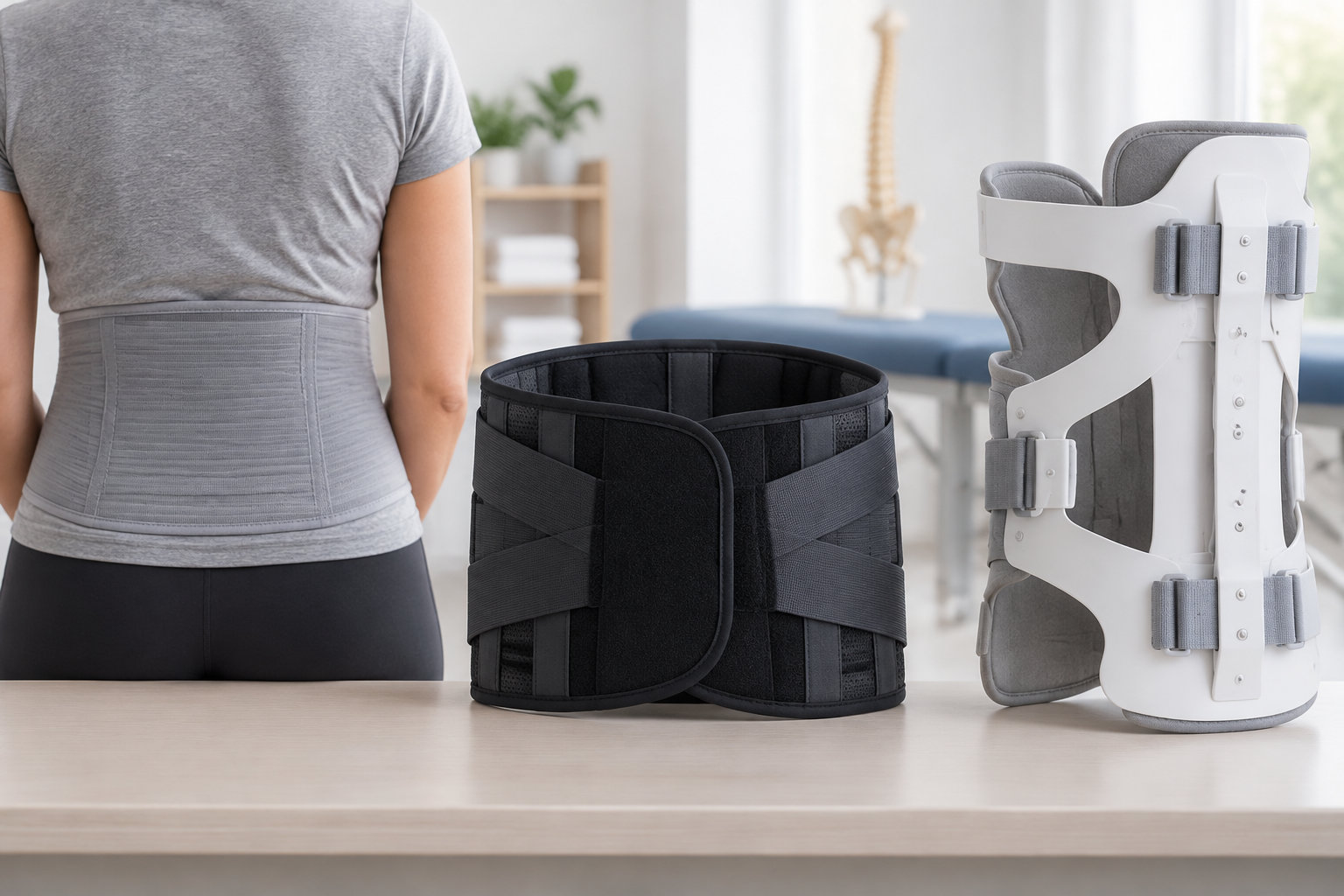 Une personne porte une ceinture lombaire grise, tandis qu’une ceinture noire et une orthèse dorsale blanche sont posées sur une table.