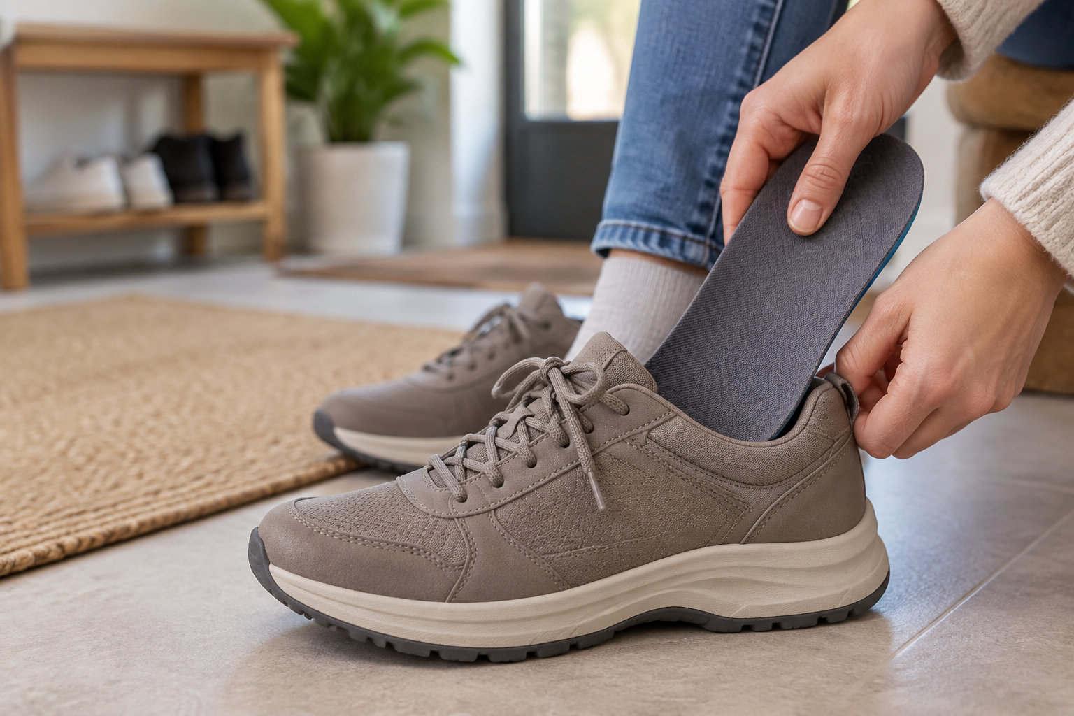 Une personne insère une semelle intérieure dans une chaussure de sport grise, assise dans une pièce avec un tapis et une étagère en arrière-plan.