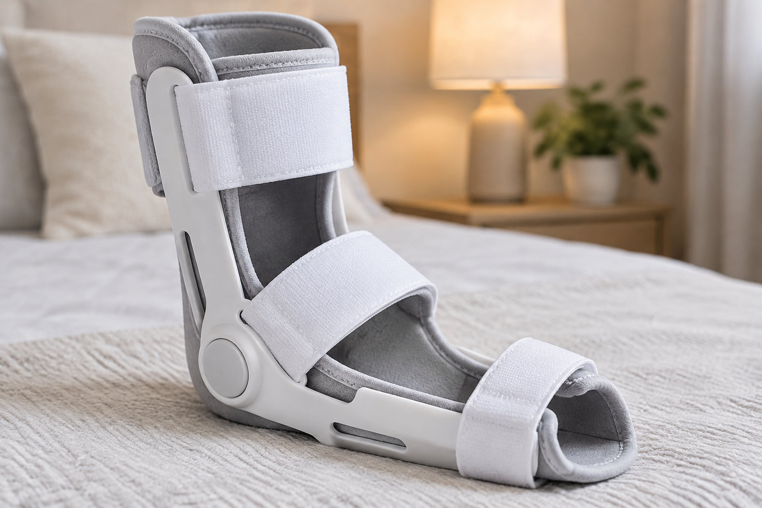 Une attelle grise et blanche pour le pied et la cheville est posée sur un lit, dans une chambre éclairée par une lampe.