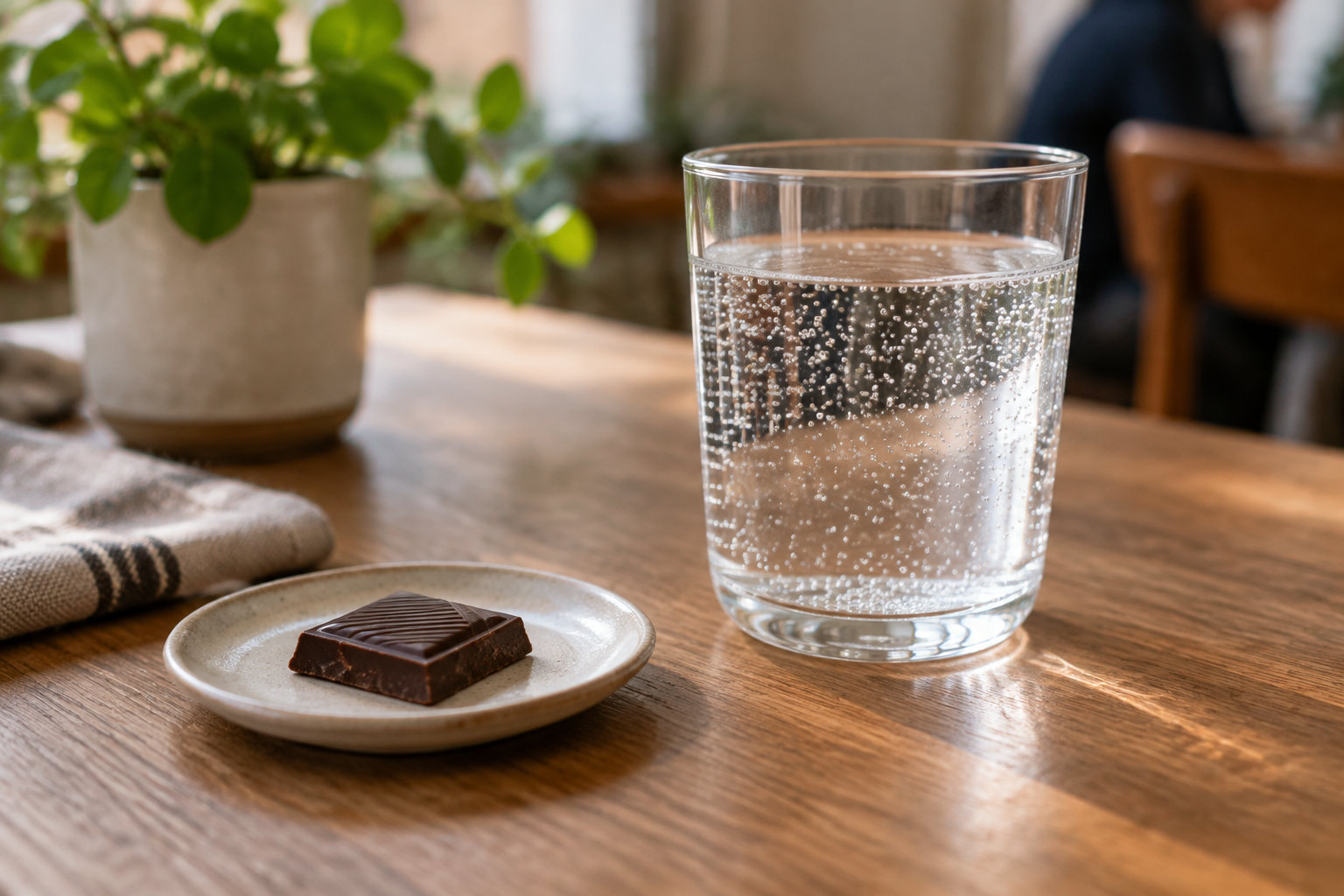 Un verre d’eau pétillante et un carré de chocolat posés sur une table en bois, près d’une plante en pot et d’un torchon.