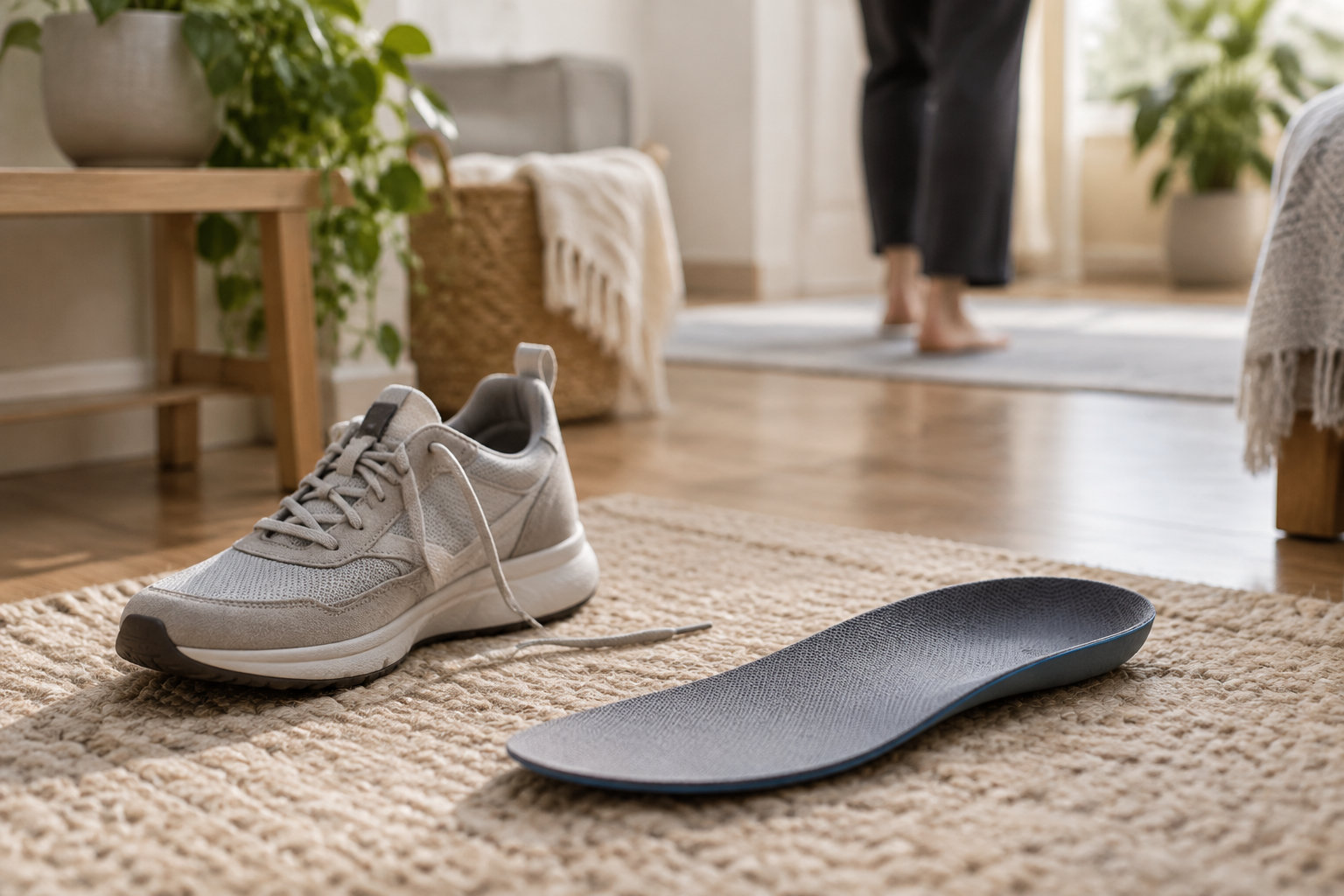 Une chaussure de sport grise délacée et une semelle intérieure sont posées sur un tapis, tandis qu’une personne marche pieds nus à l’arrière-plan.