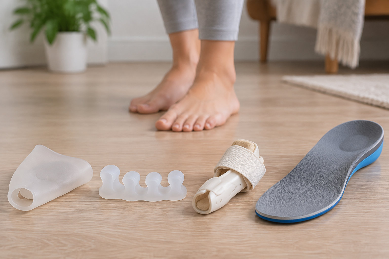 Une personne se tient pieds nus derrière plusieurs accessoires orthopédiques posés sur un parquet : des séparateurs d’orteils, une attelle et une semelle intérieure.