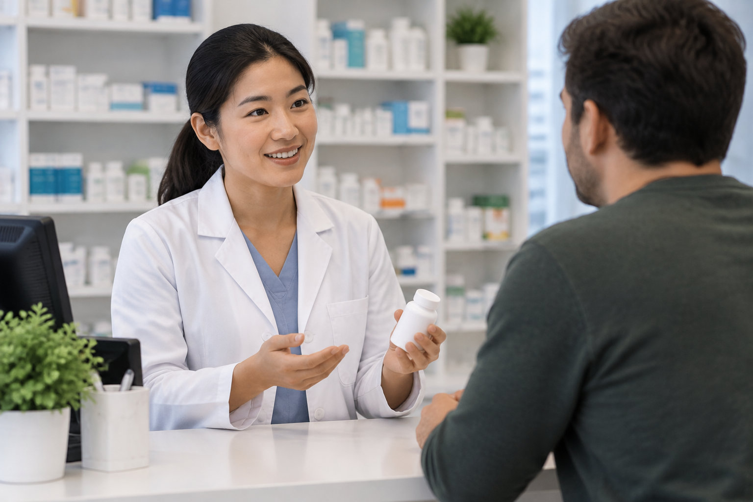 Une pharmacienne souriante présente un flacon blanc à un client au comptoir, avec des étagères de produits derrière elle.