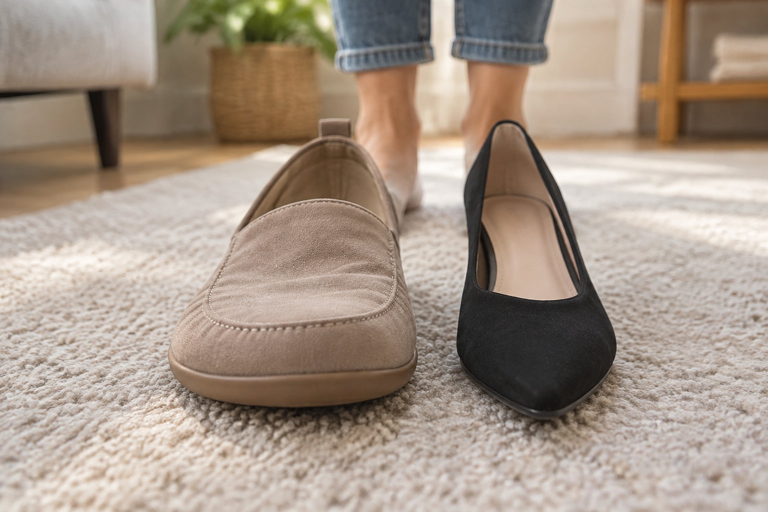 Une personne en jean retroussé se tient derrière un mocassin beige et une chaussure noire posés sur un tapis.