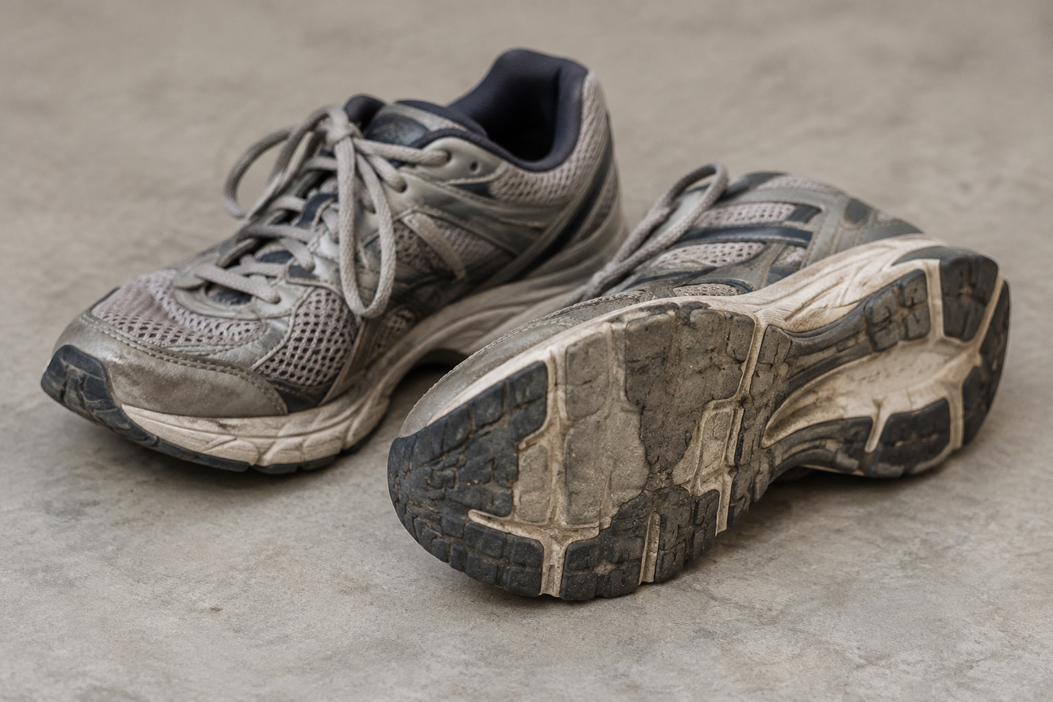 Deux chaussures de course usées sont posées sur un sol gris, l’une montrant sa semelle.