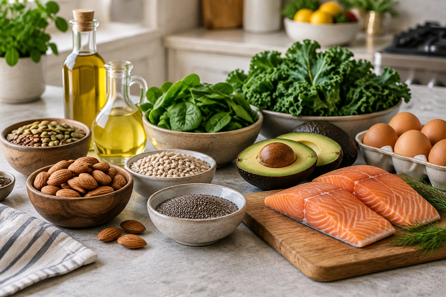 Des aliments sont disposés sur un plan de travail de cuisine : saumon, œufs, avocat, légumes verts, noix, graines et bouteilles d’huile.