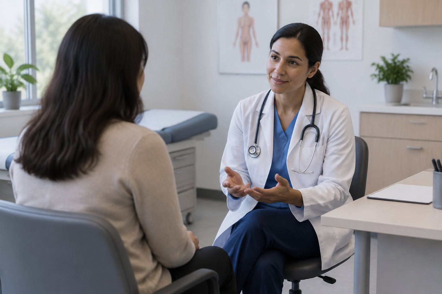 Une médecin en blouse blanche discute avec une patiente assise dans un cabinet médical.