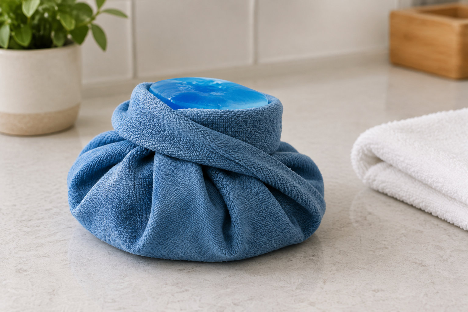 Un savon bleu est posé dans une serviette bleue enroulée sur un comptoir, près d’une serviette blanche et d’une plante.