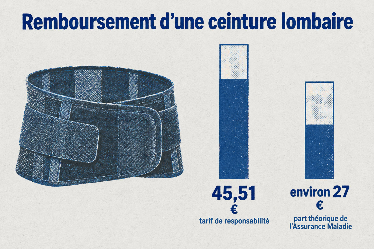 Le tarif de responsabilité est de 45,51 € et la part théorique de l’Assurance Maladie est d’environ 27 € pour cette ceinture lombaire.