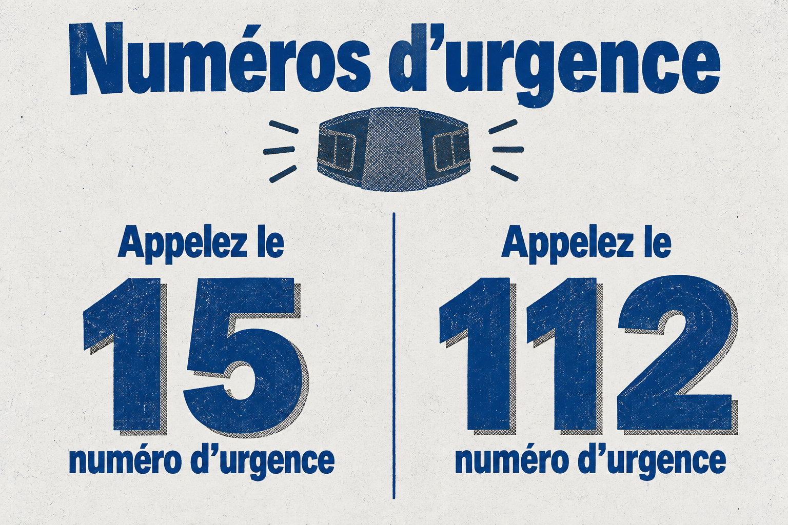 Deux numéros d’urgence sont présentés côte à côte pour une lombalgie ou une sciatique accompagnée de signes d’alerte : le 15 et le 112.