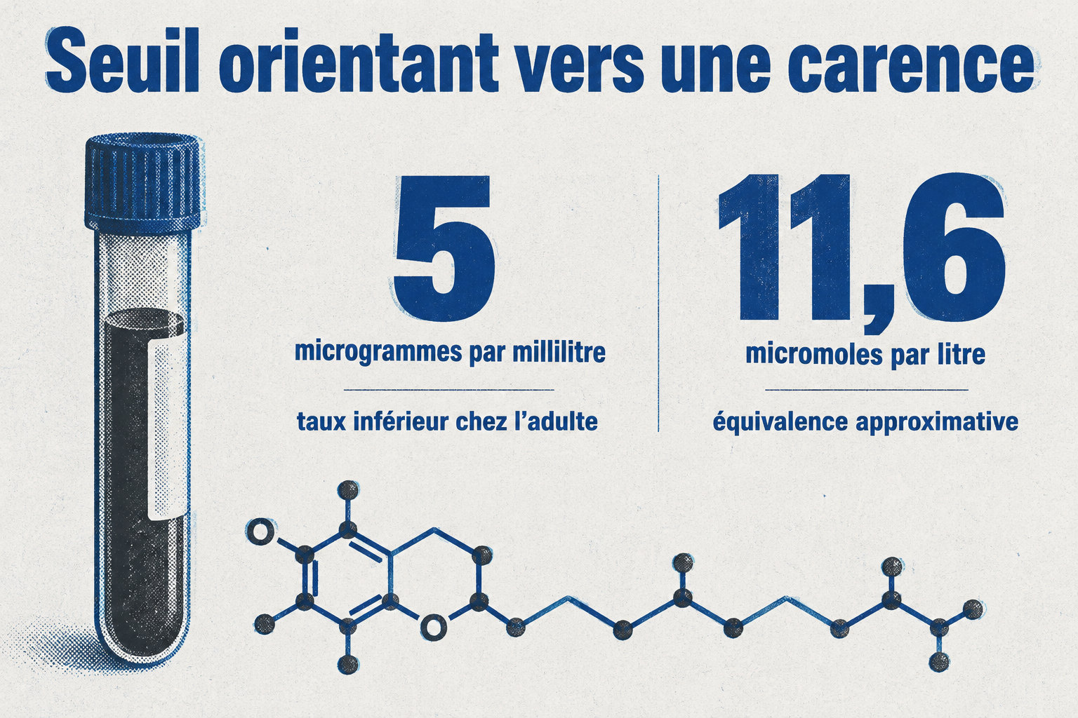 Chez l’adulte, un taux inférieur à 5 microgrammes par millilitre, soit environ 11,6 micromoles par litre, oriente vers une carence en vitamine E.